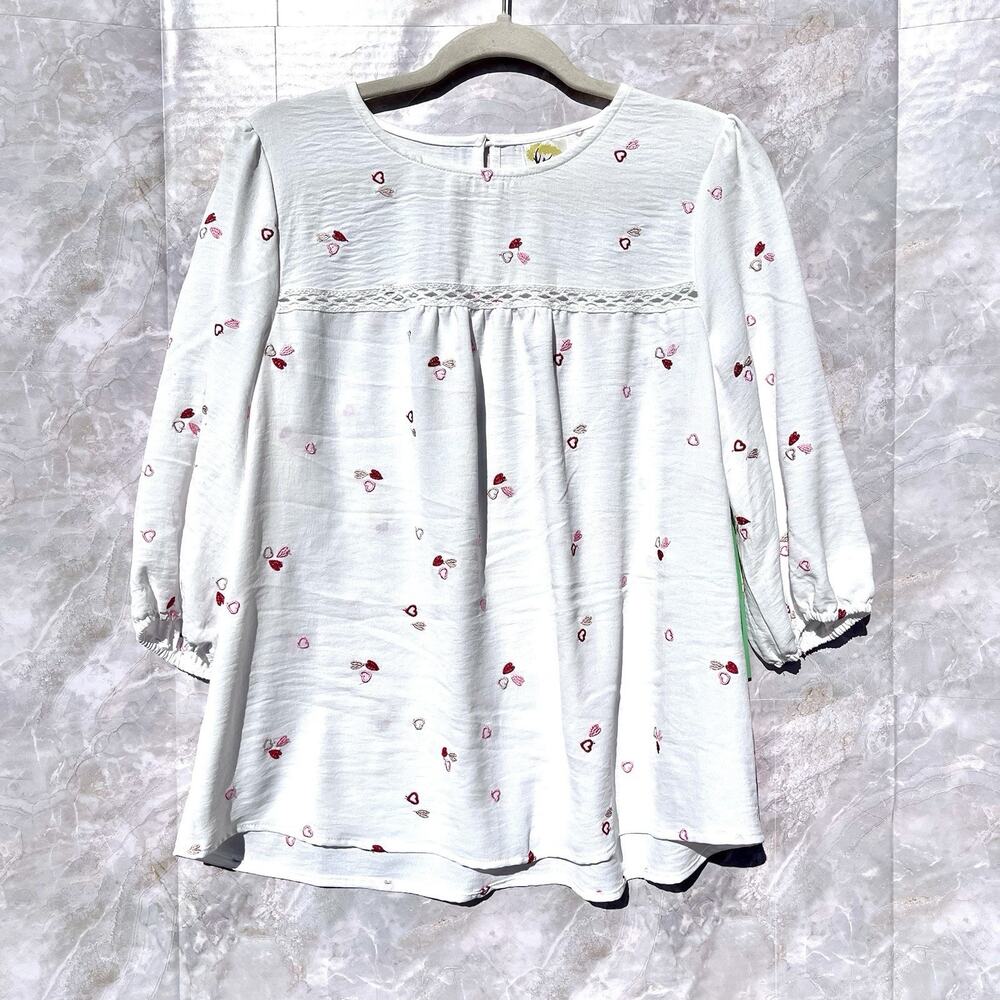 Boho Peasant Babydoll Womens Top Sz M Red Hearts White Lace Date Night